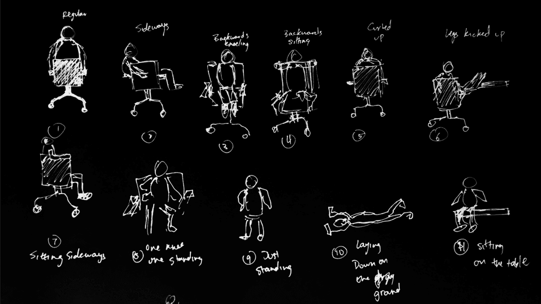 A storyboard with stick figures sitting on a chair