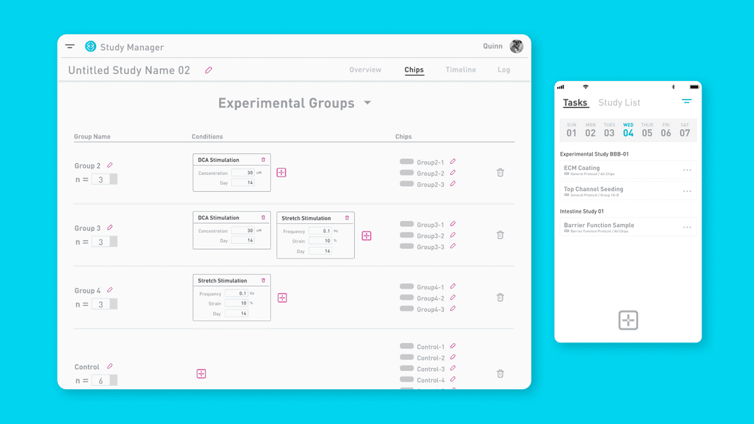 UI Design showing how users would define and edit Experimental groups on mobile and desktop