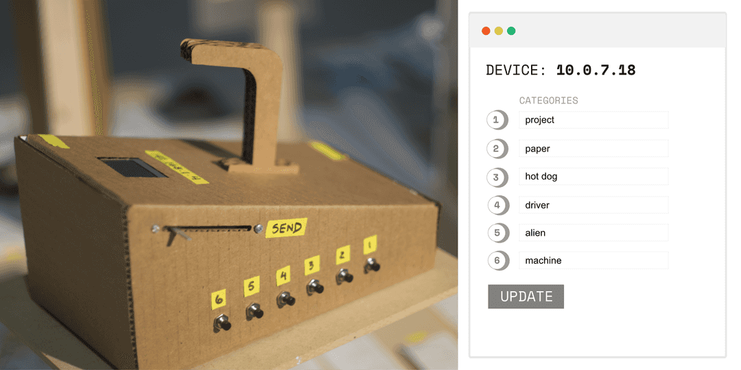 Cardboard device covered in numbered buttons and a screen (left) Interface listing categories mapped to numbers