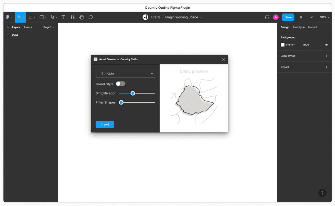 Screenshot of Figma interface with country border plugin open