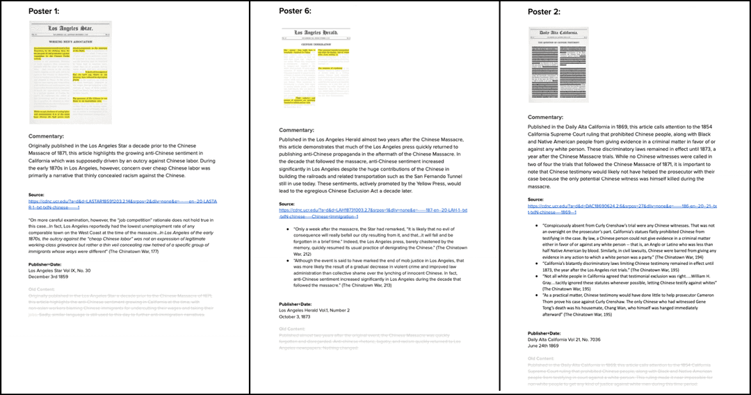 Pages from a document drafting content for the newspaper posters