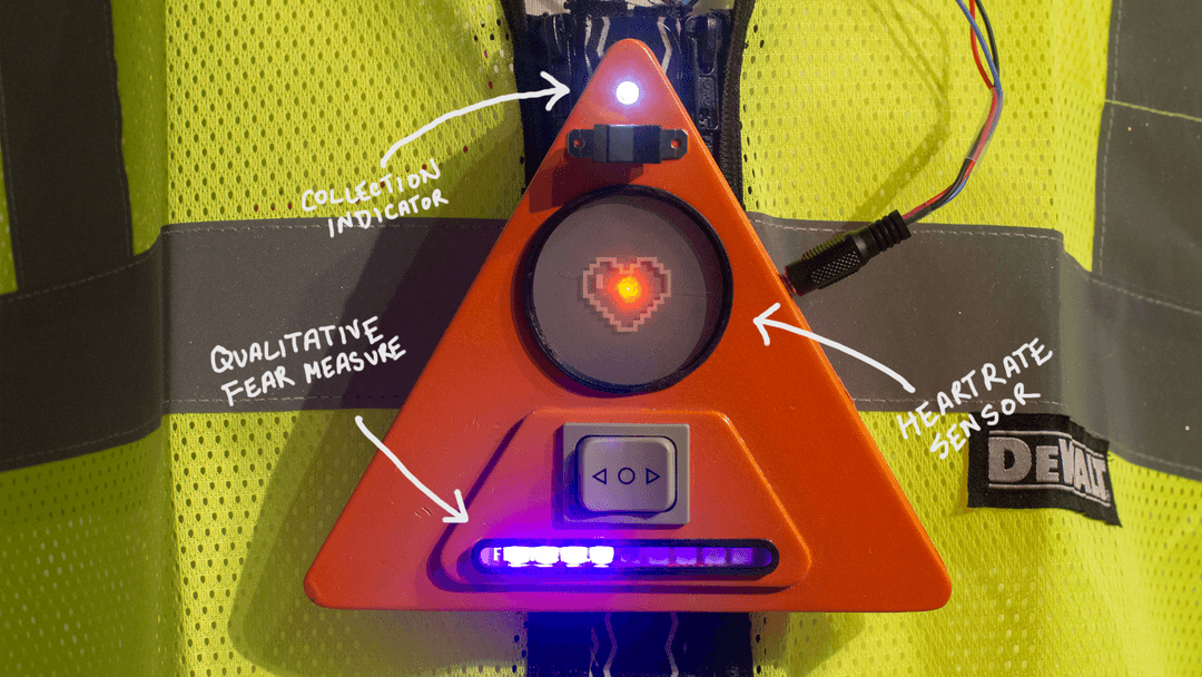 Closeup annotated view of a orange, triangular electronic device covered in LEDs