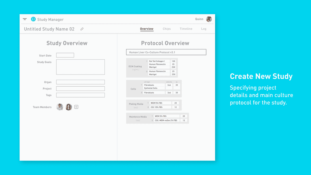 UI design showing how users would initialize a study, and select a protocol