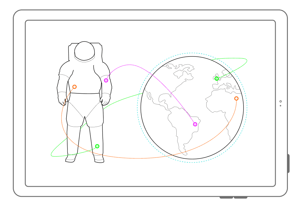 Sketch showing a spacesuit and an earth model