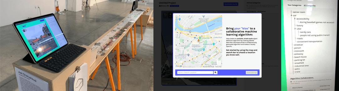 A long display table with an iPad sitting at the front (left) Dialog box asking user to contribute to a machine learning algorithm (right)