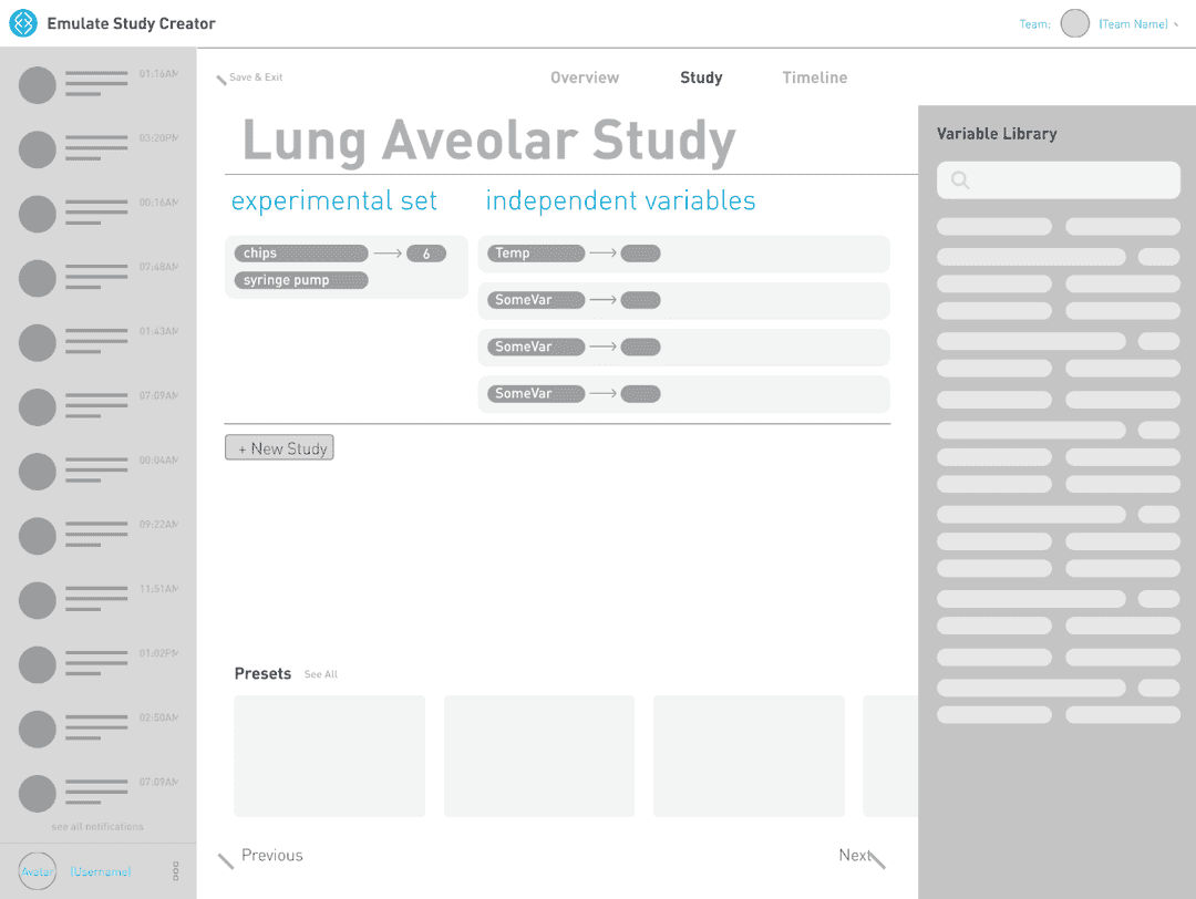 Wireframe mockup of an initial study manager application showing experimental groups