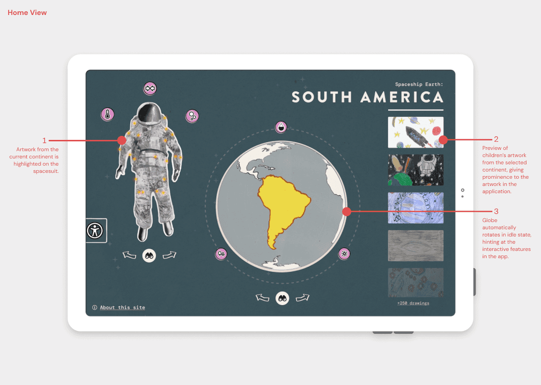 Final desigh mockup showing a screen with a spacesuit and earth 3d model