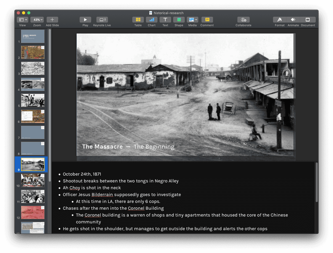 Screenshot of a powerpoint deck with historical research