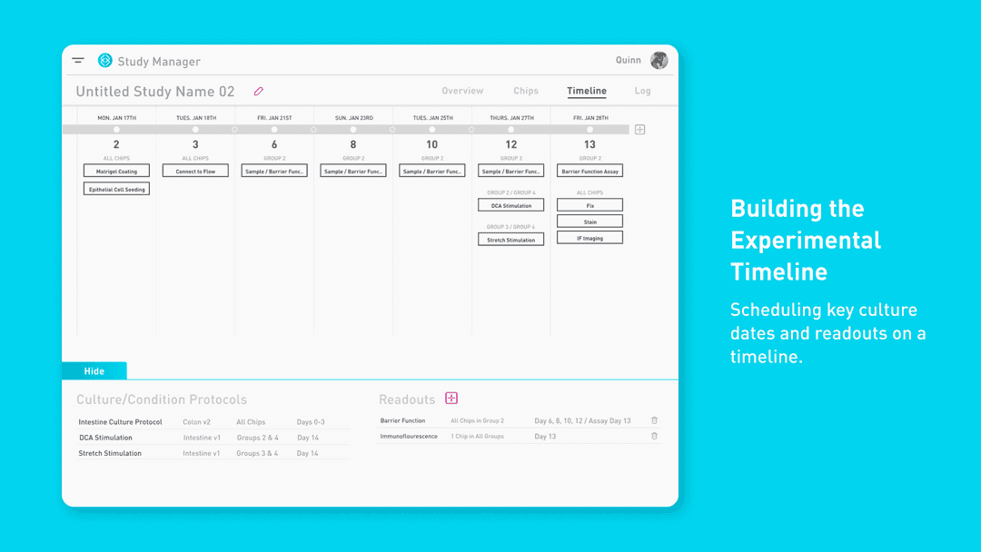 UI design showing a timeline of activities related to an experiment