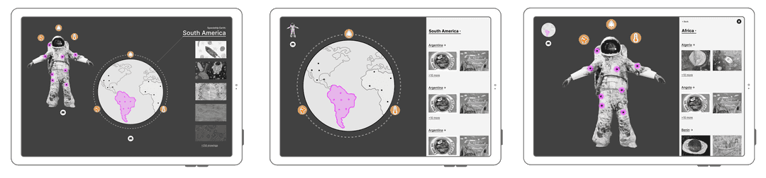 Three screens side by side, showing an earth model and a spacesuit model