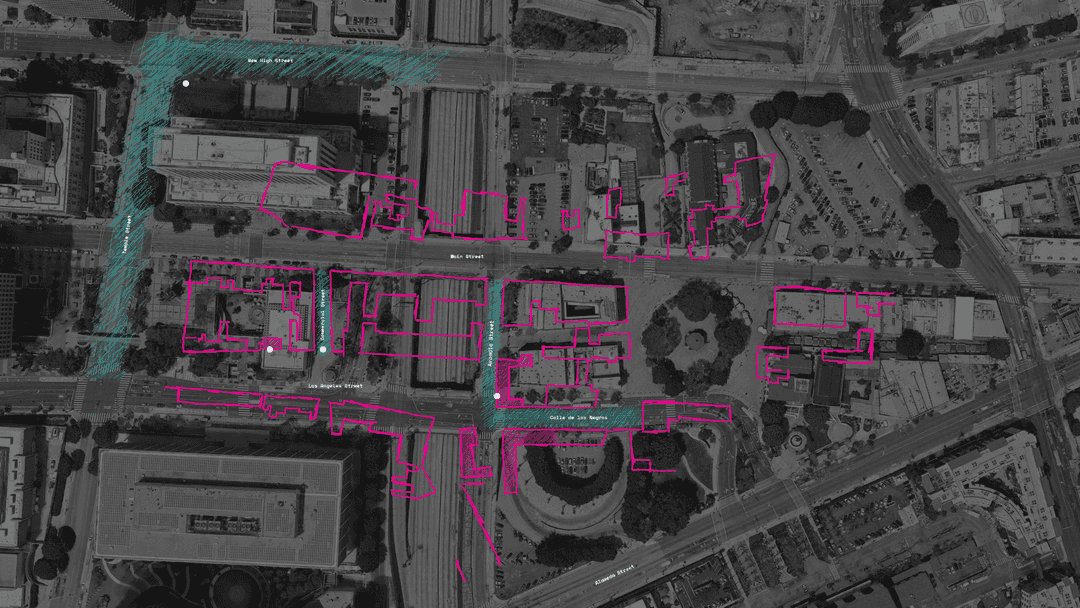 Map of Los Angeles historical chinatown overlaid ontop of a map of present day El Pueblo