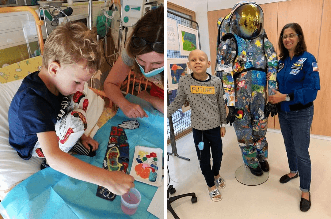 Images from of kids working on art for the spacesuit art project