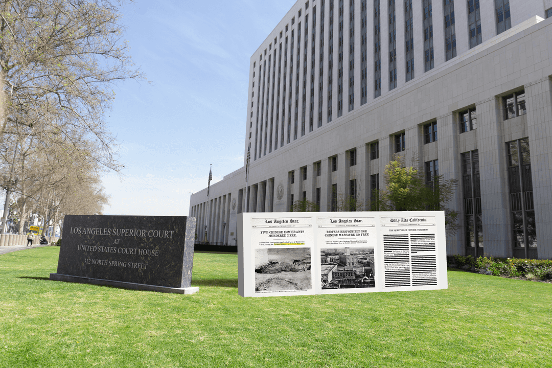 Mockup of newspaper posters in front of Los Angeles Superior Court