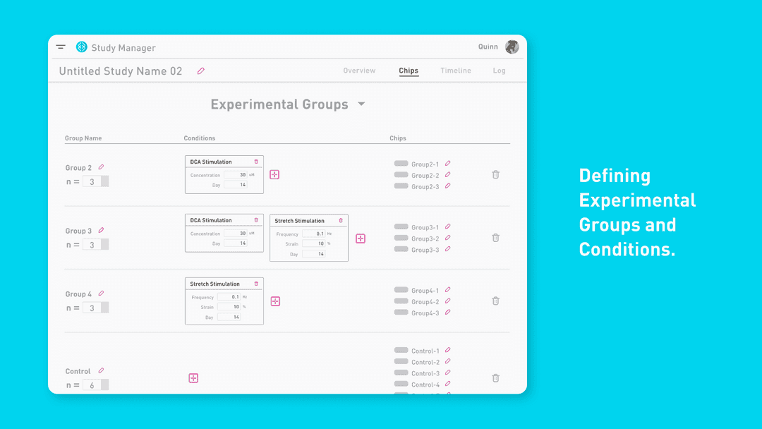 UI design of the Define Experimental Groups page