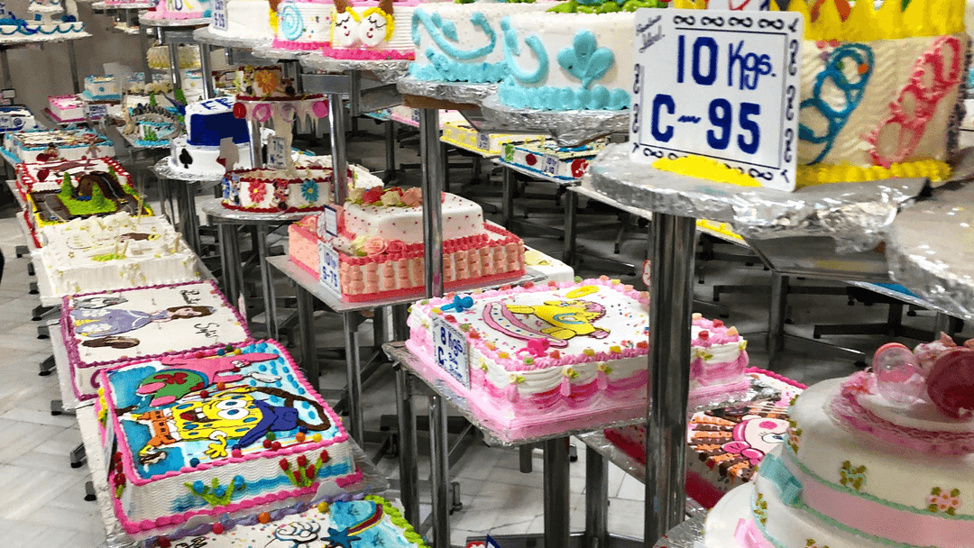 Many decorative cakes on display