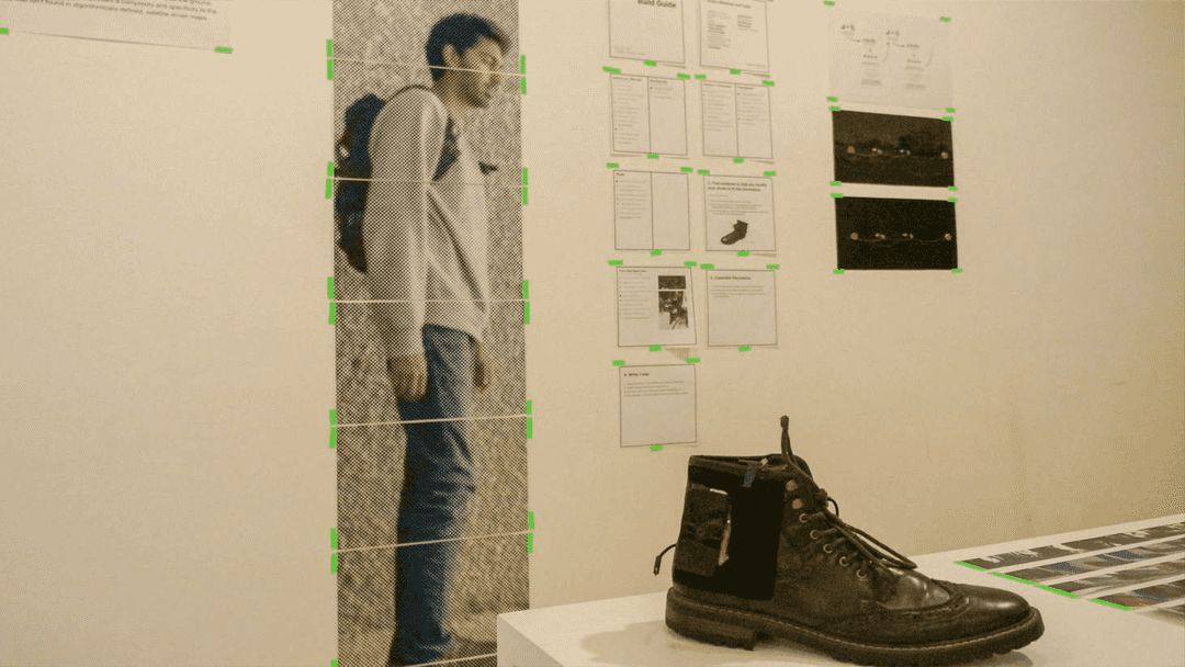 A shoe displayed in front of posters stuck to the wall.