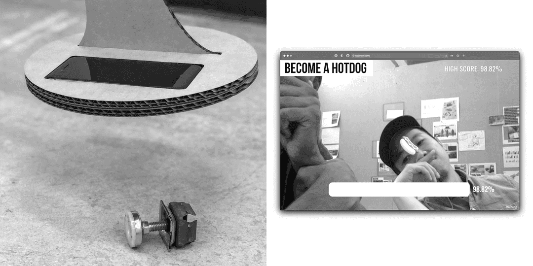 Cardboard metal detector type device (left) Interface labeled Become a Hotdog (right)