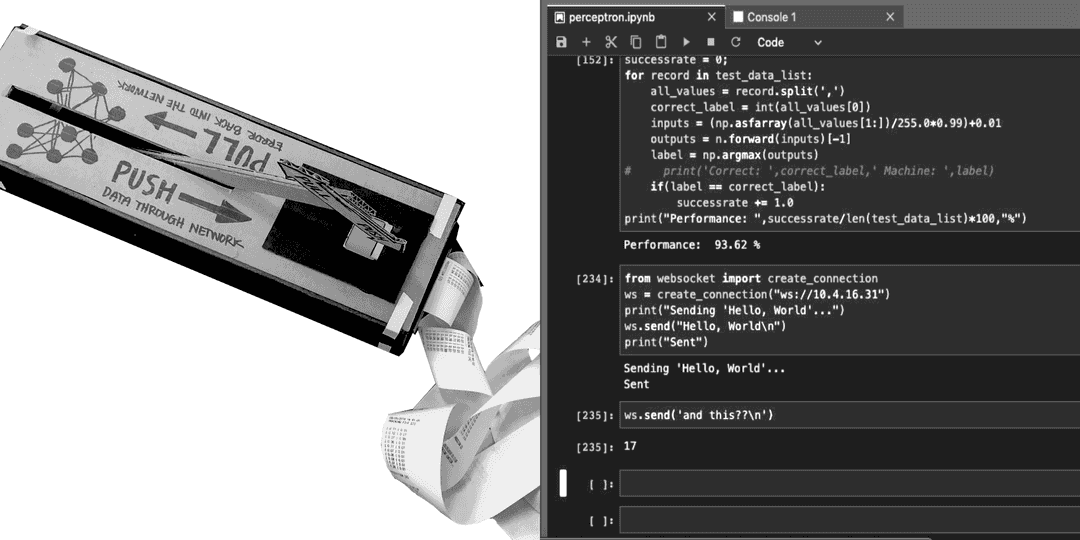 Cardboard box with reciepts coming out of one end (left) Code displayed in a Jupyter Notebook (right)