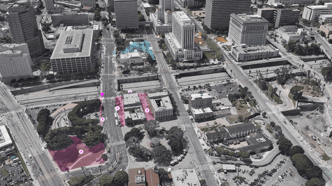 Annotated screenshot of Google Earth, highlighting potential sites in El Pueblo