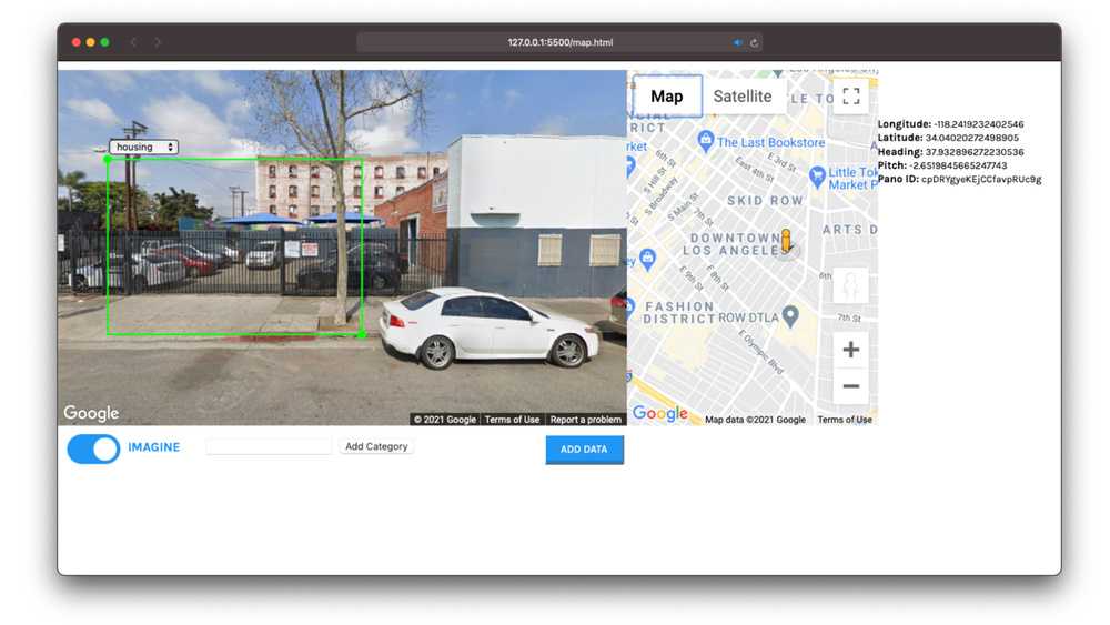A prototype website showing a draggable box ontop of a google street view image
