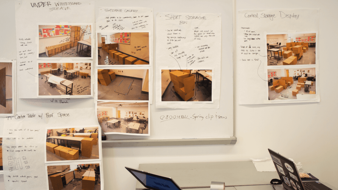 Annotated images of furniture prototypes tacked to the wall