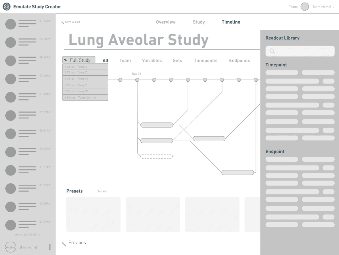 Wireframe mockup of an initial study manager application showing a timeline